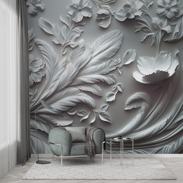 White wall with flowers and leaves White wall with flowers and leaves