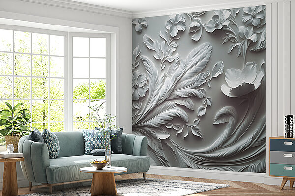 White wall with flowers and leaves White wall with flowers and leaves