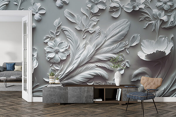White wall with flowers and leaves White wall with flowers and leaves