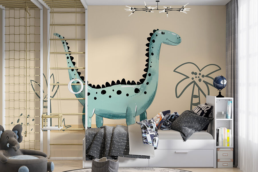 Cartoon dinosaur with plants and leaves Cartoon dinosaur with plants and leaves