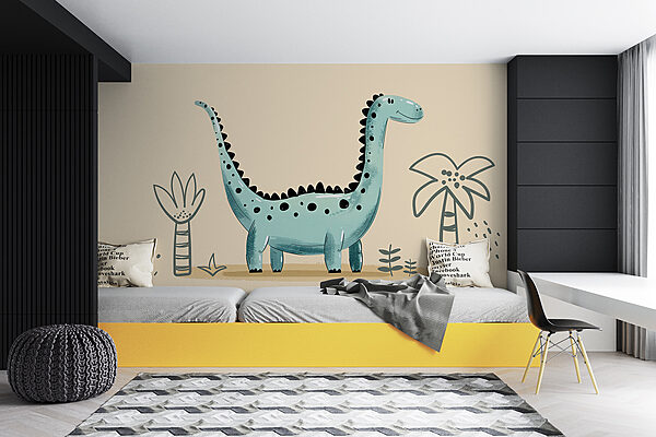 Cartoon dinosaur with plants and leaves Cartoon dinosaur with plants and leaves