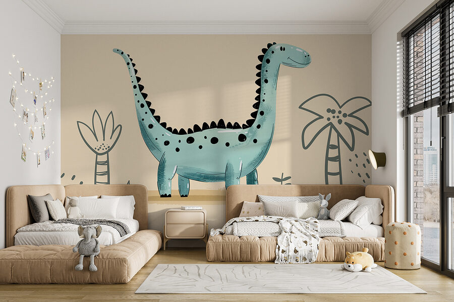 Cartoon dinosaur with plants and leaves Cartoon dinosaur with plants and leaves