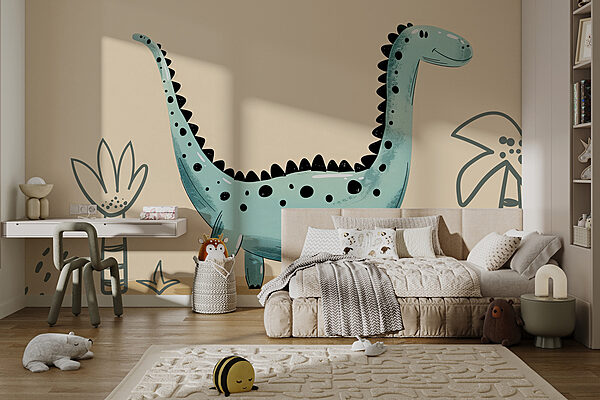 Cartoon dinosaur with plants and leaves Cartoon dinosaur with plants and leaves