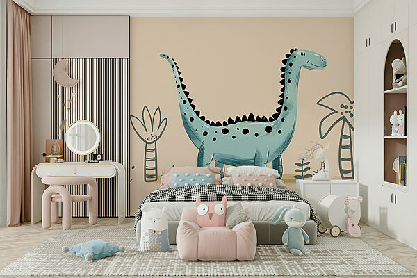 Cartoon dinosaur with plants and leaves Cartoon dinosaur with plants and leaves
