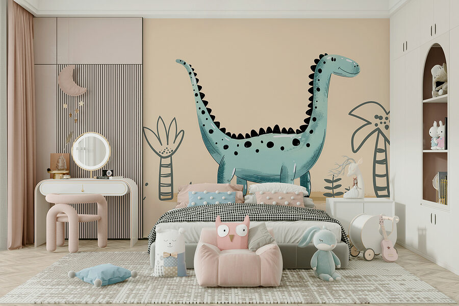 Cartoon dinosaur with plants and leaves Cartoon dinosaur with plants and leaves