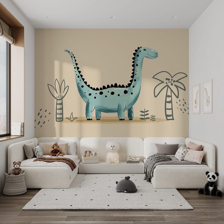 Cartoon dinosaur with plants and leaves Cartoon dinosaur with plants and leaves