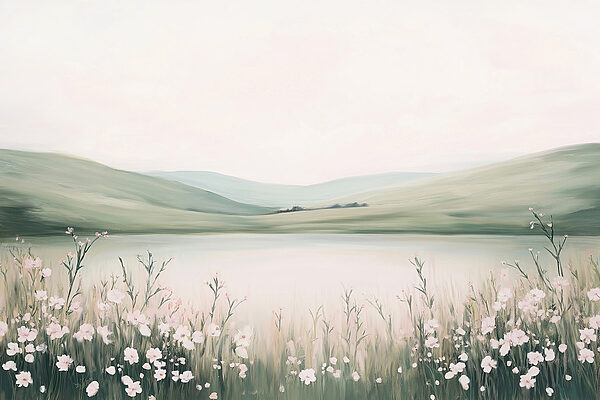 Painting of a lake with flowers Painting of a lake with flowers