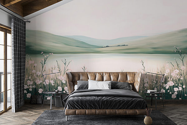 Painting of a lake with flowers Painting of a lake with flowers