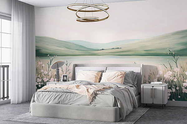Painting of a lake with flowers Painting of a lake with flowers
