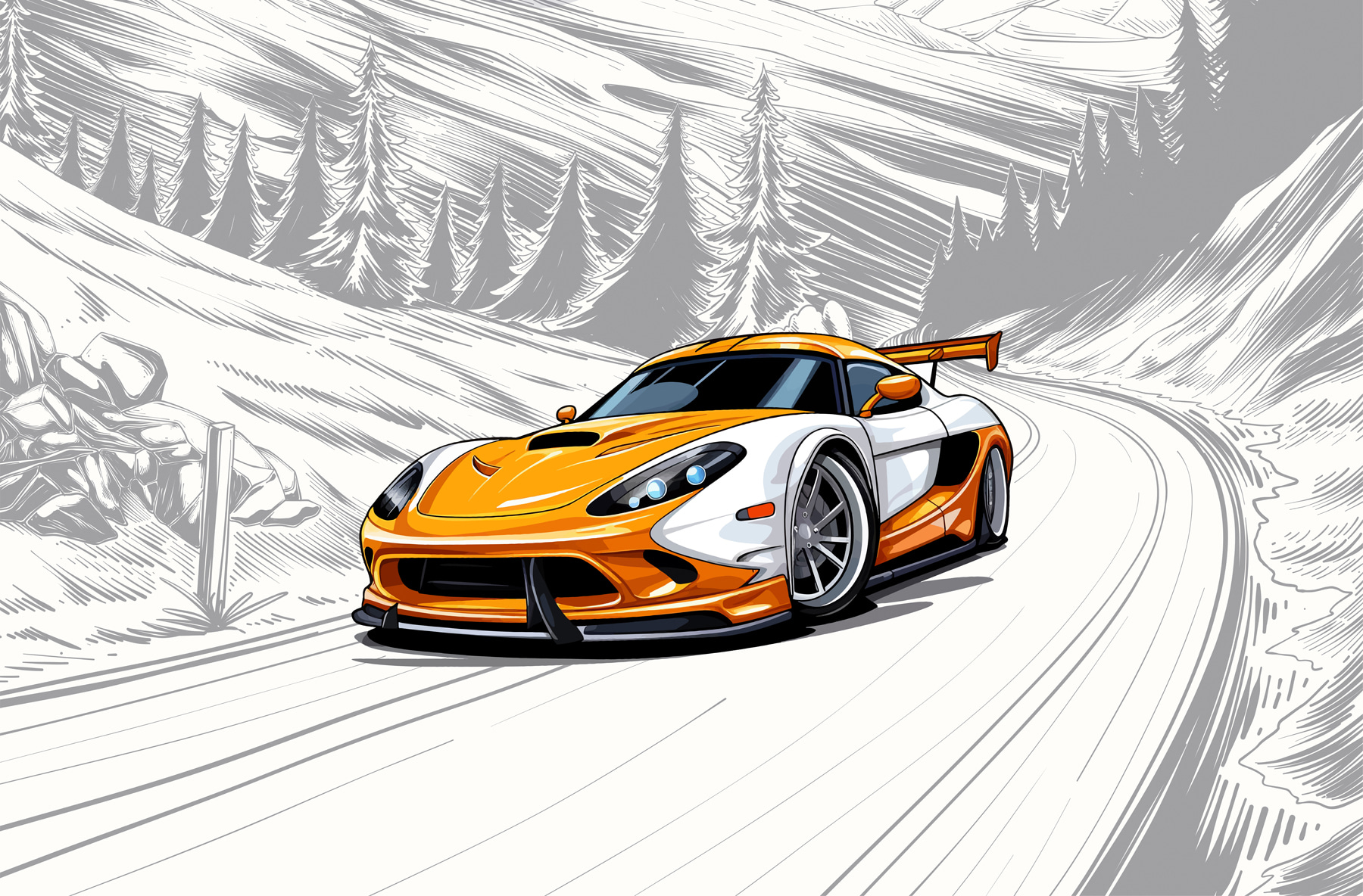 Yellow and white sports car on a snowy road Yellow and white sports car on a snowy road