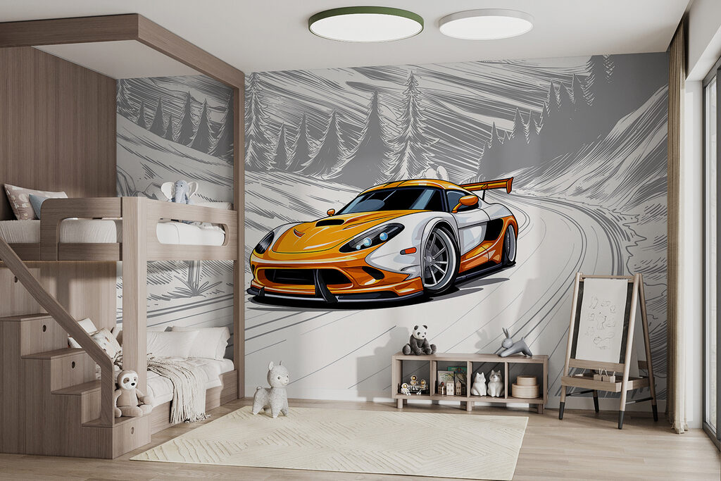 Yellow and white sports car on a snowy road Yellow and white sports car on a snowy road