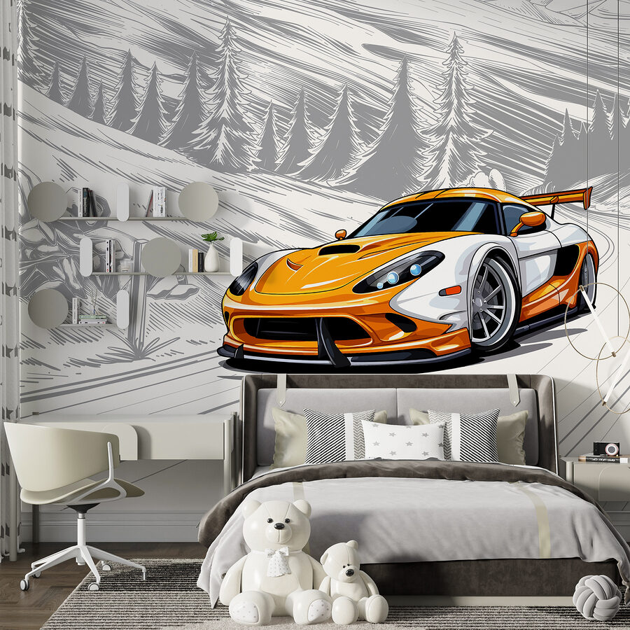 Yellow and white sports car on a snowy road Yellow and white sports car on a snowy road