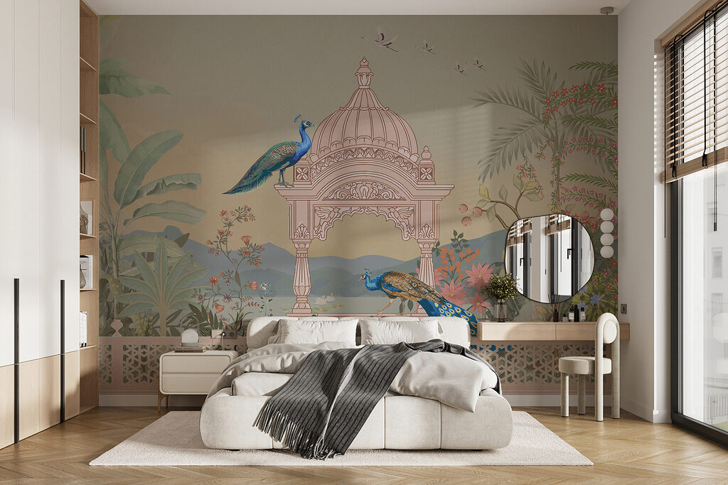 Mural of a building with a roof and birds