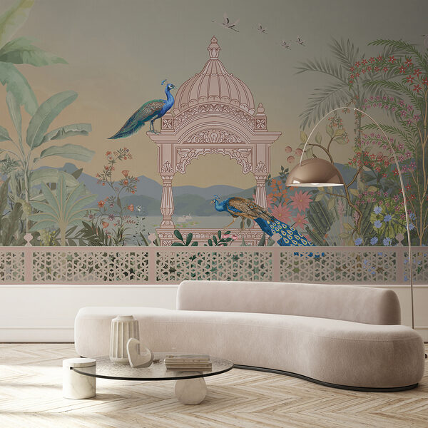 Mural of a building with a roof and birds