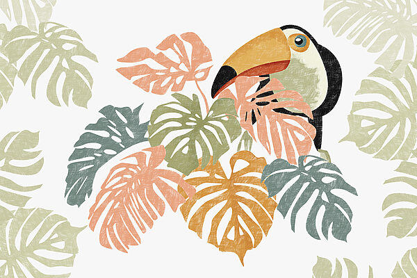 Bird with a large beak and colorful leaves Bird with a large beak and colorful leaves