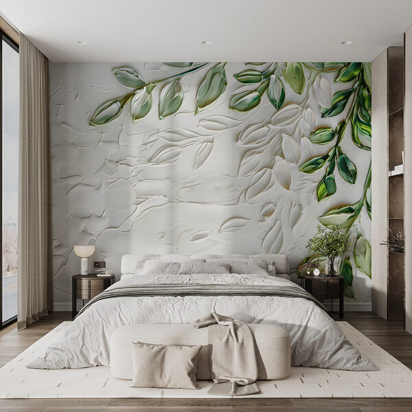 White surface with green leaves Wall murals White surface with green leaves
