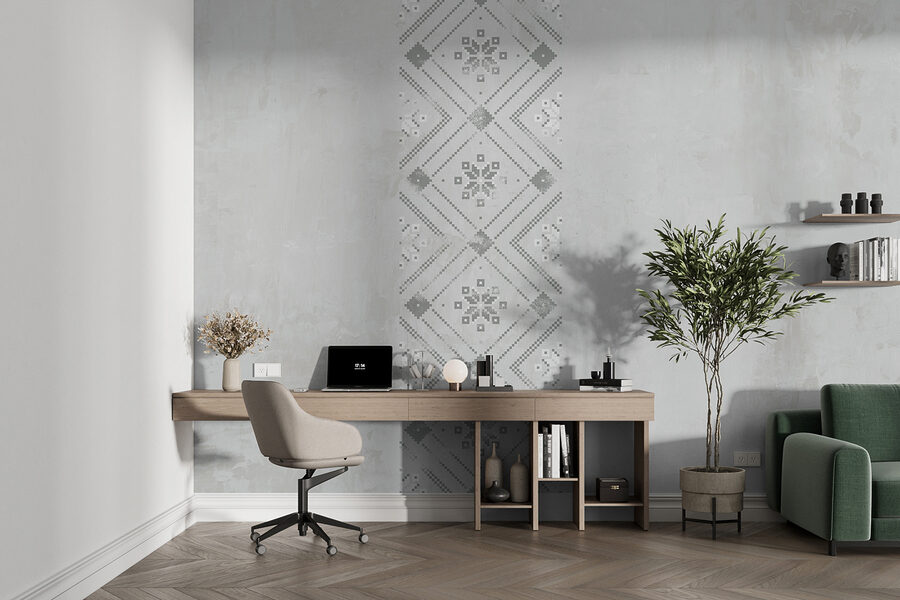 Grey and white pattern on a white surface