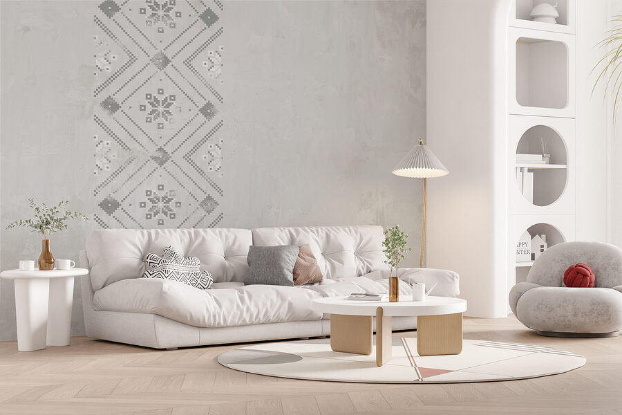 Grey and white pattern on a white surface