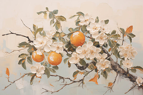 Painting of a branch with white flowers and oranges Painting of a branch with white flowers and oranges