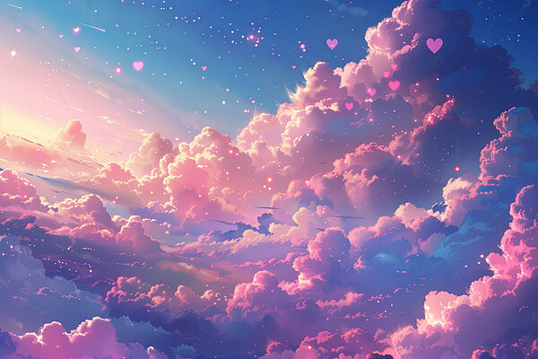 Colorful sky with clouds and hearts Colorful sky with clouds and hearts