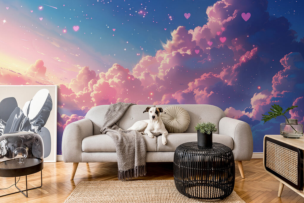 Colorful sky with clouds and hearts