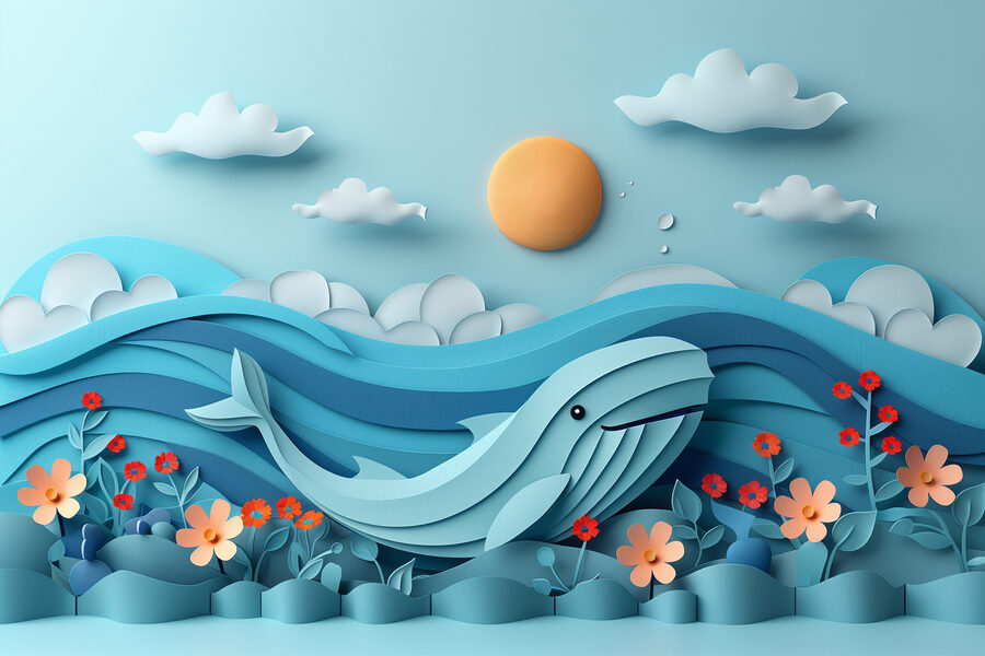 Paper cut out of a whale in the ocean Paper cut out of a whale in the ocean