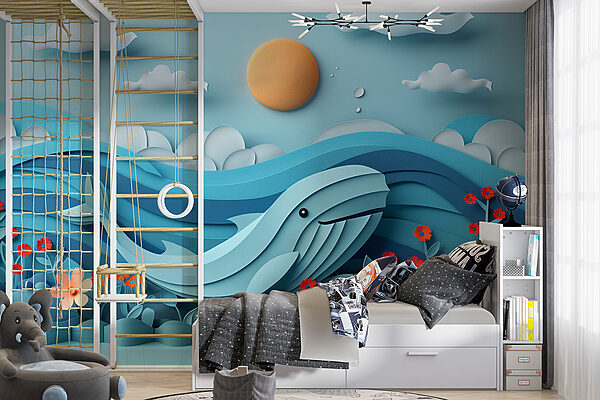 Paper cut out of a whale in the ocean Paper cut out of a whale in the ocean