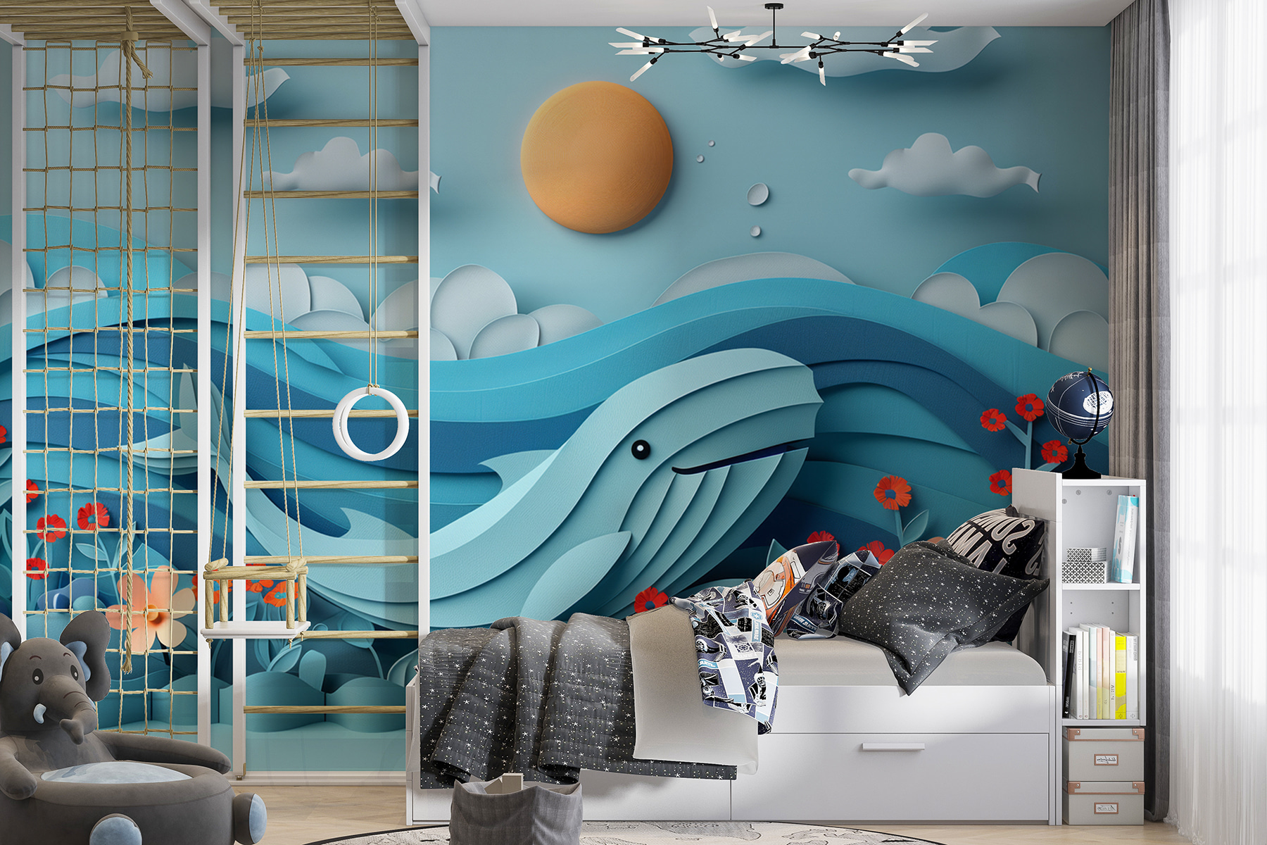 Paper cut out of a whale in the ocean
