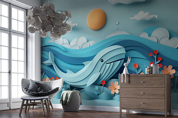 Paper cut out of a whale in the ocean Paper cut out of a whale in the ocean