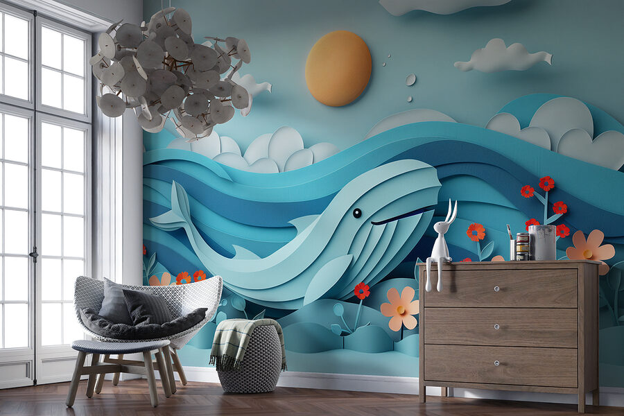 Paper cut out of a whale in the ocean Paper cut out of a whale in the ocean
