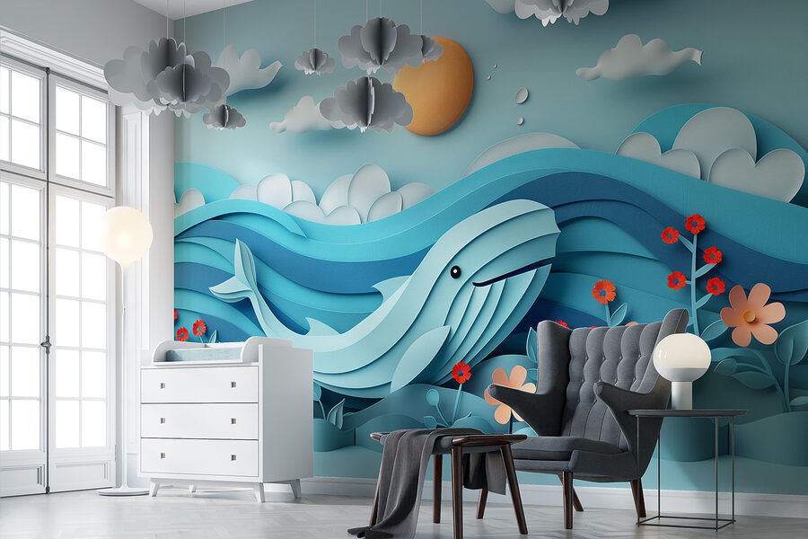 Paper cut out of a whale in the ocean Paper cut out of a whale in the ocean
