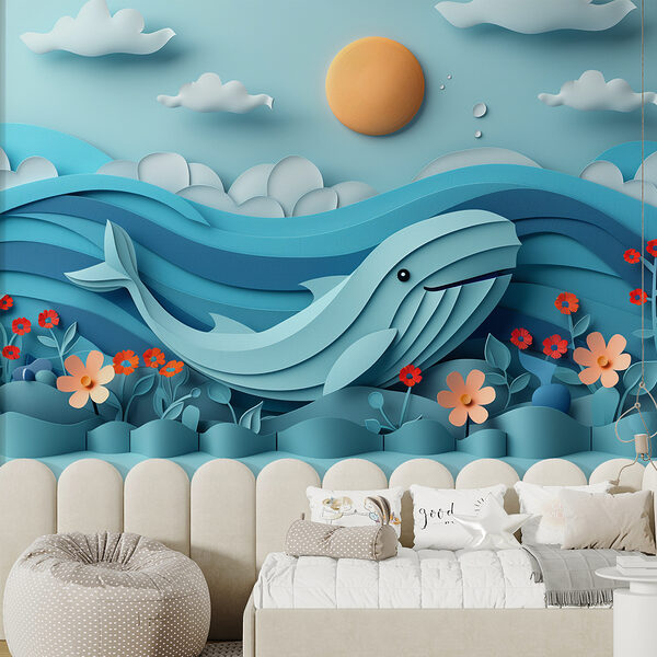 Paper cut out of a whale in the ocean Paper cut out of a whale in the ocean