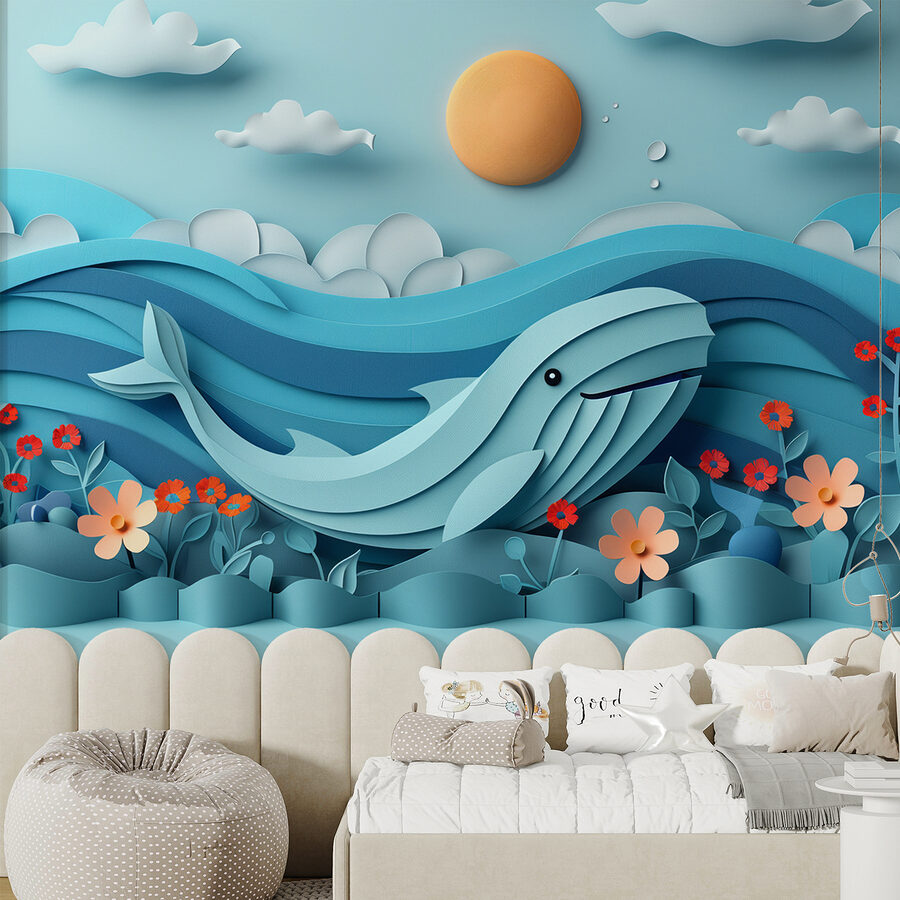 Paper cut out of a whale in the ocean Paper cut out of a whale in the ocean