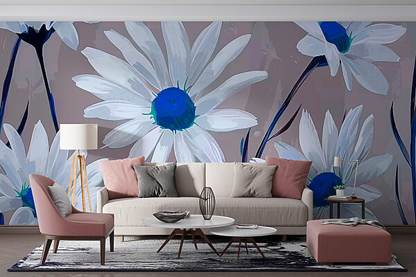 Group of white flowers with blue center Wall murals Group of white flowers with blue center