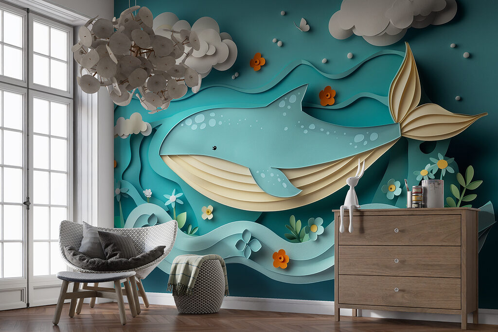 Paper cut whale in the ocean Paper cut whale in the ocean