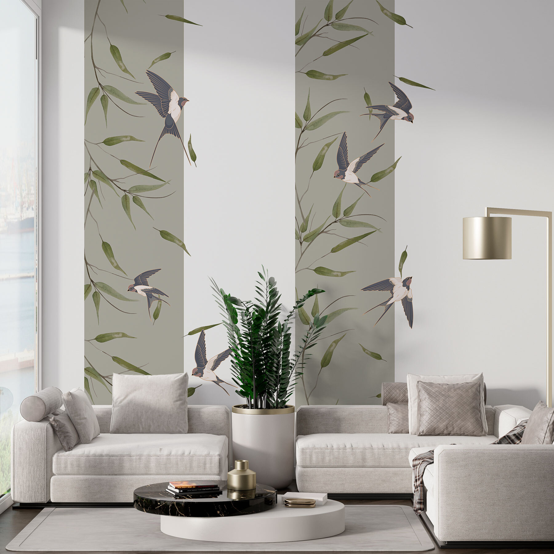 Wallpaper with birds flying on a branch