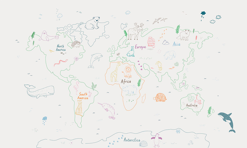 Map of the world with animals and text Map of the world with animals and text