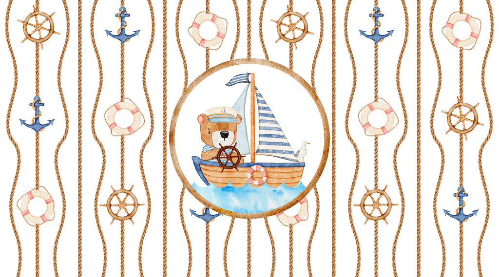 Watercolor painting of a bear on a boat Watercolor painting of a bear on a boat