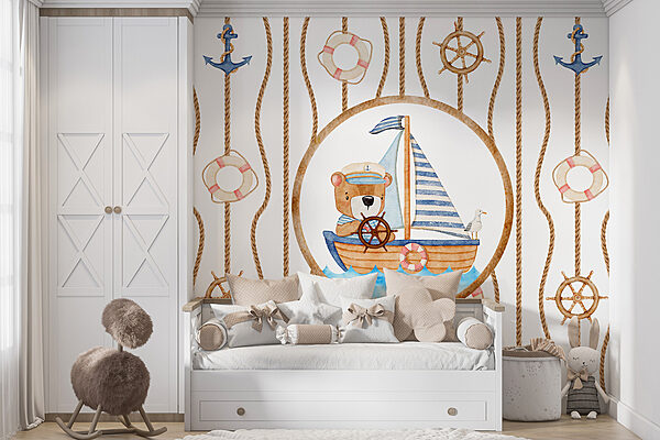Watercolor painting of a bear on a boat Watercolor painting of a bear on a boat