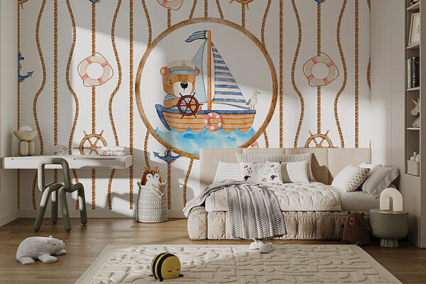 Watercolor painting of a bear on a boat Watercolor painting of a bear on a boat