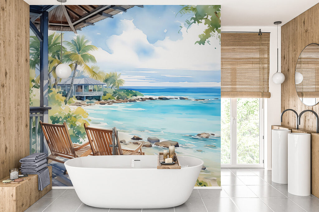 Watercolor painting of chairs on a deck overlooking a beach Watercolor painting of chairs on a deck overlooking a beach