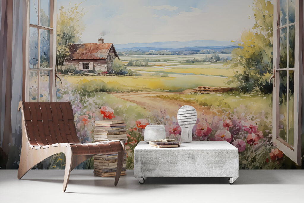 Painting of a house and flowers