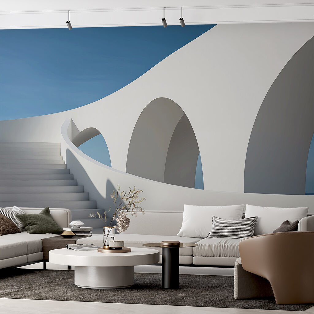 White staircase with arches