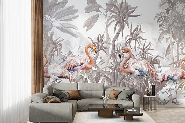 Group of flamingos in a forest Group of flamingos in a forest