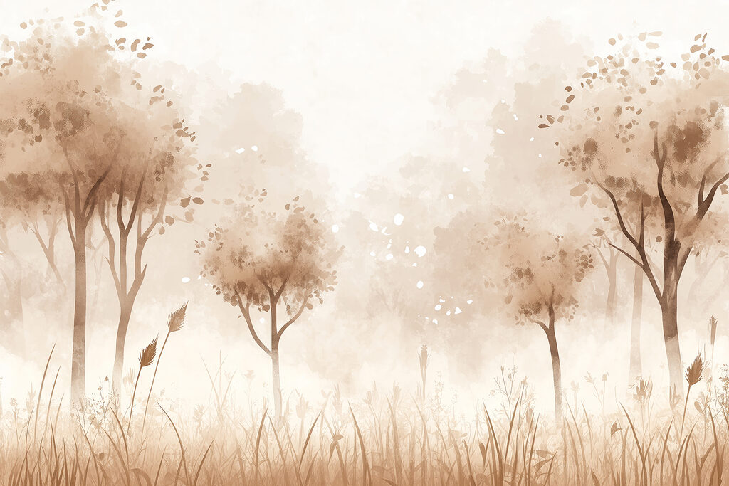 Foggy landscape with trees and grass