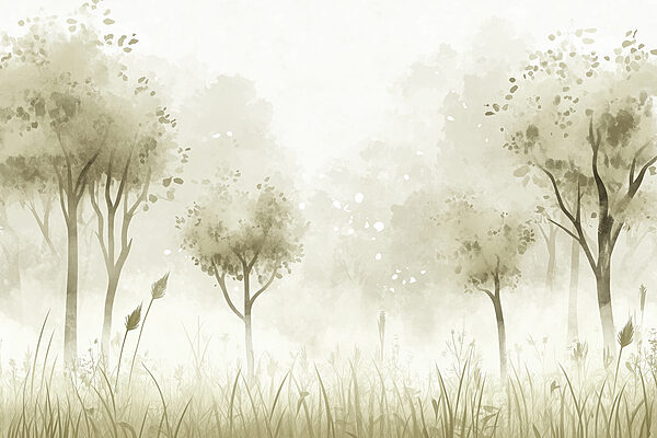 Foggy landscape with trees and grass Foggy landscape with trees and grass