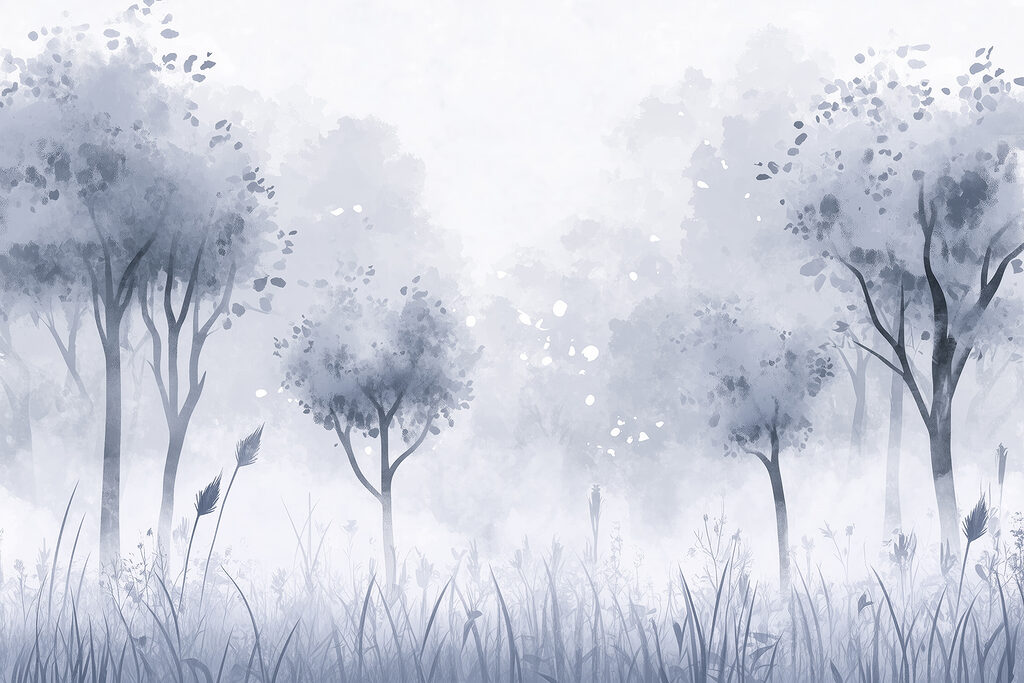 Foggy forest with trees and grass Foggy forest with trees and grass