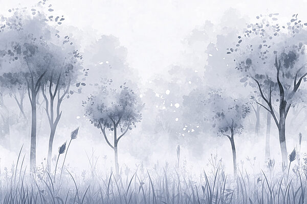 Foggy forest with trees and grass Foggy forest with trees and grass
