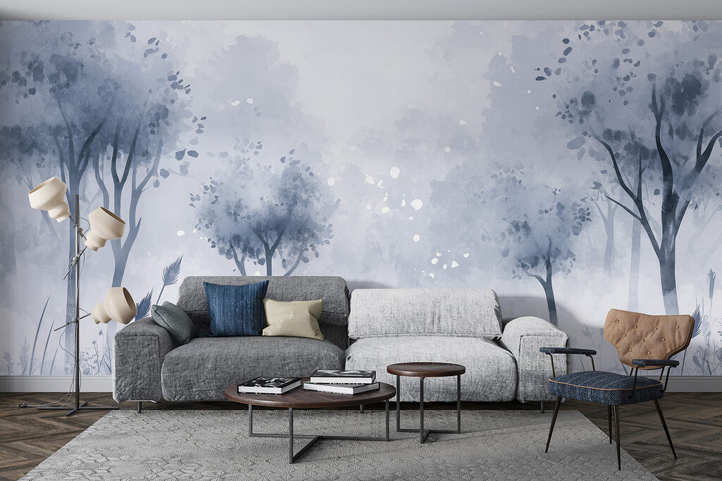 Foggy forest with trees and grass