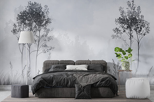 Foggy landscape with trees and grass Foggy landscape with trees and grass